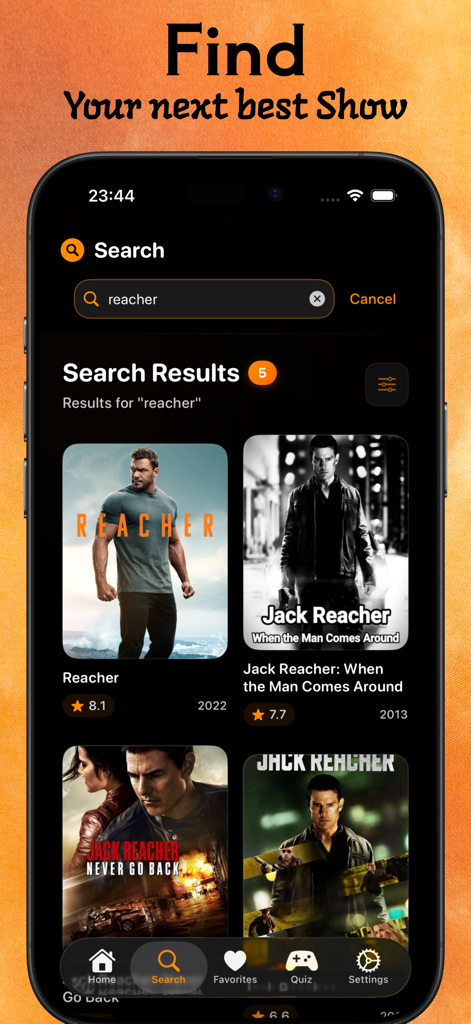 Kiss Kh app search interface displaying results for Reacher movies and series