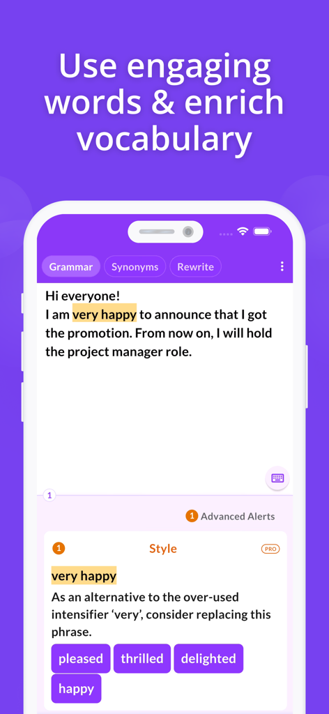 Proofreader: AI Grammar Check - AI grammar app interface providing synonym suggestions to enrich writing vocabulary