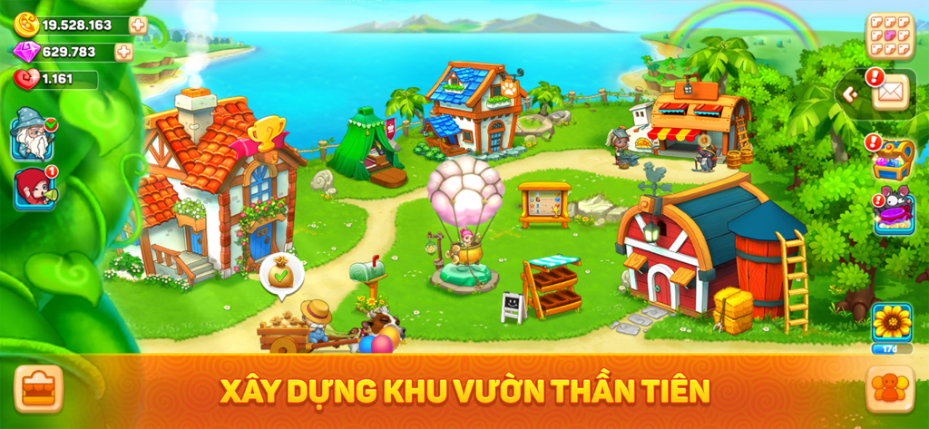 Khu Vườn Trên Mây - Sky Garden - Vibrant farm landscape with colorful buildings and a hot air balloon in the Sky Garden mobile game.