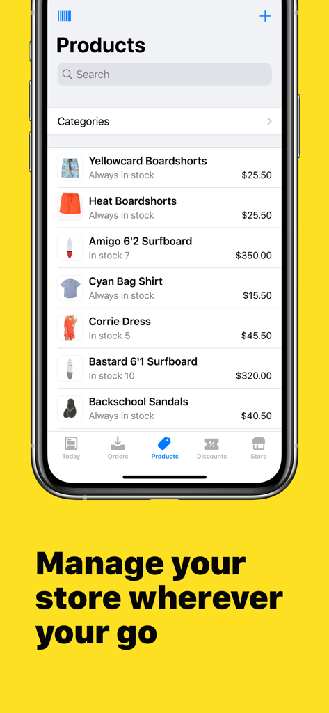 Ecwid Ecommerce - Interface de l'application Ecwid affichant un catalogue de produits avec les niveaux de stock et les prix pour une boutique en ligne.