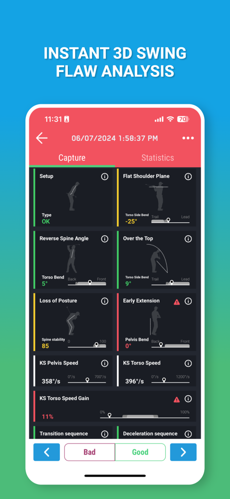 4D Motion - 4D Motion app dashboard showing detailed biomechanical analysis of a golf swing with metrics like spine angle and pelvis speed.