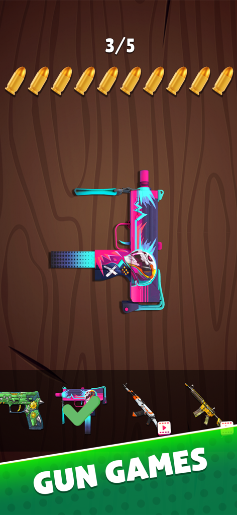 Antistress Relaxing Minigames - La interfaz de un colorido minijuego simulador de pistolas de la aplicación Antiestrés: Juegos Antiestrés.