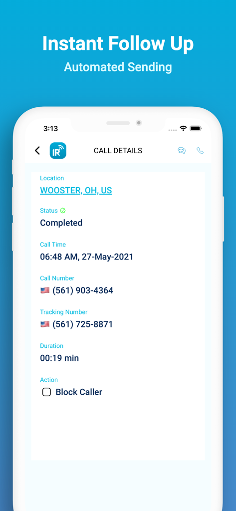 Captura de pantalla de la app Respuesta Instantánea mostrando detalles de llamadas con seguimiento de ubicación y estado de seguimiento automatizado.