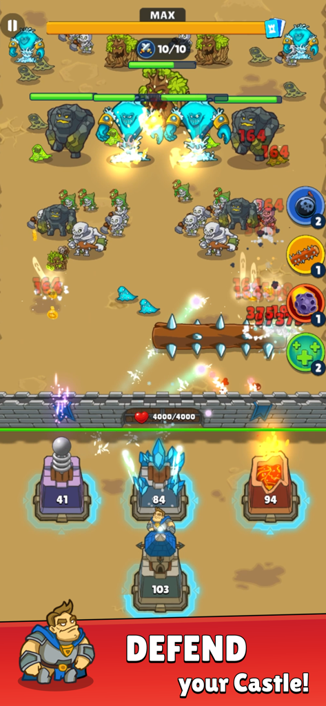 Juego de Herochero mostrando un héroe y torres elementales defendiendo un castillo contra oleadas de monstruos