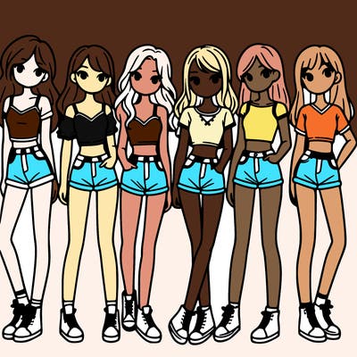 a group of girls wearing crop tops and shorts