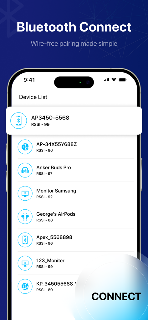 Bluetooth Auto Connect - Screenshot of Bluetooth Auto Connect app showing a list of nearby devices and signal strength