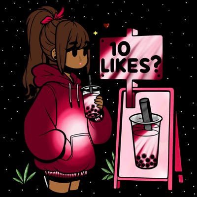girl with oversized hoodie drinking boba and she has a high ponytail with a sign that says 10likes?
