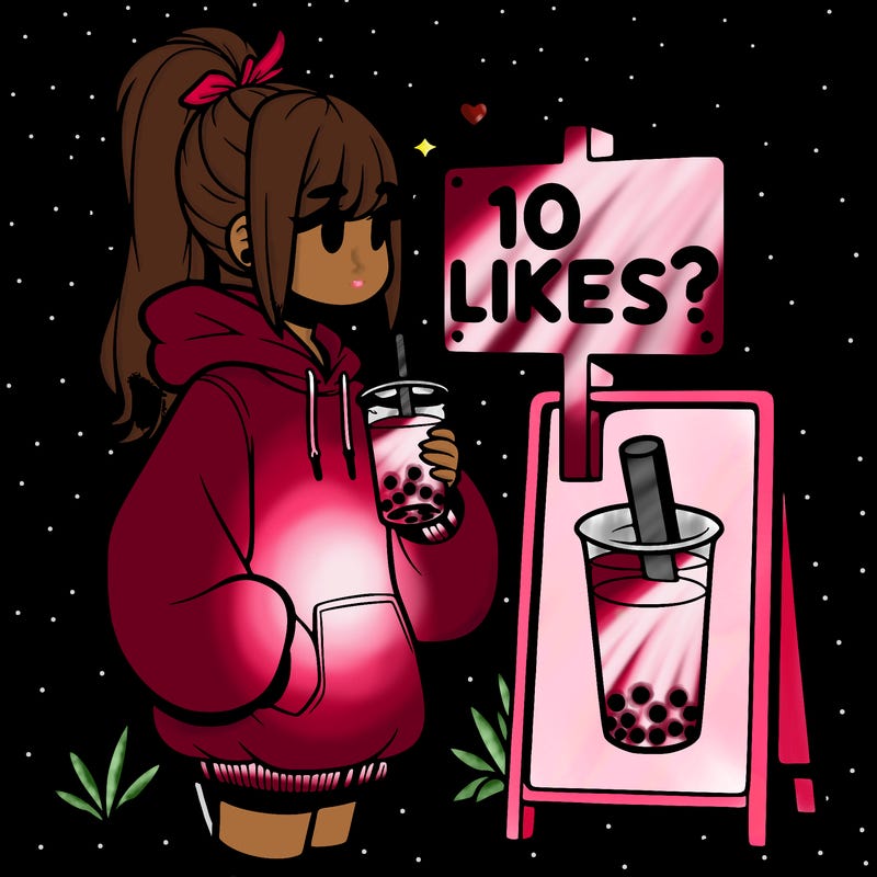 girl with oversized hoodie drinking boba and she has a high ponytail with a sign that says 10likes?