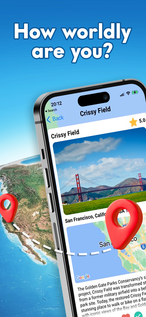 Pinpoint Where: Places to Know - A mobile screen showing the Pinpoint Where app with a photo of the Golden Gate Bridge and a map location pin for Crissy Field