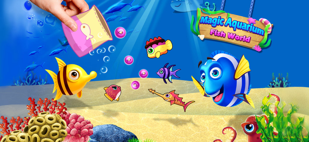 Hand feeding various colorful cartoon fish in a vibrant undersea aquarium environment
