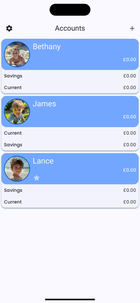 Allowabank (Allowance Monitor) - Der Kontenübersichtsbildschirm in der Allowabank-App, der eine Liste von Kinderprofilen mit ihren jeweiligen Spar- und aktuellen Guthaben anzeigt.