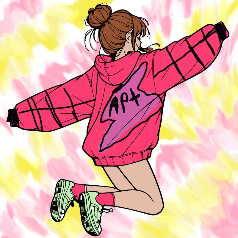 realistic girl jumping with a bun and oversized sweatshirt