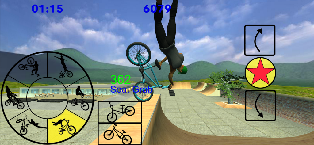 A BMX rider performing a seat grab trick mid-air over a ramp in a skate park