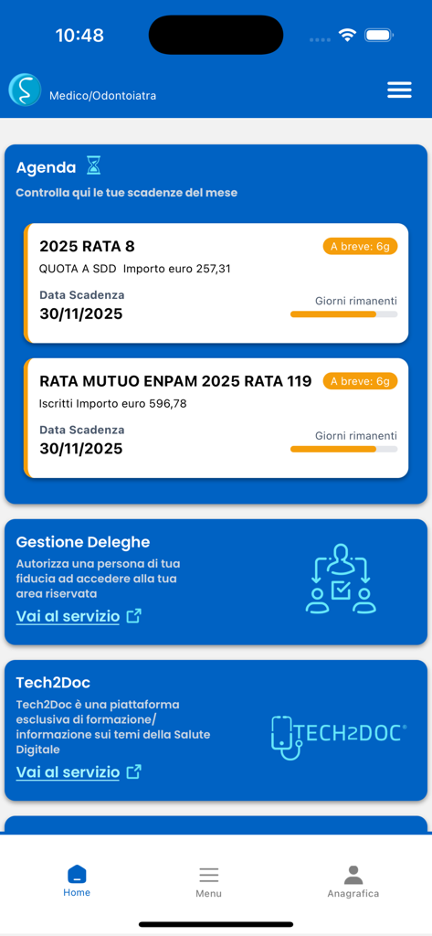 Tableau de bord de l'application ENPAM Iscritti montrant les échéances de sécurité sociale et les services professionnels pour les médecins.