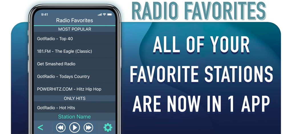 Radio Favorites mobile app showing a list of popular music and talk radio stations on a smartphone.