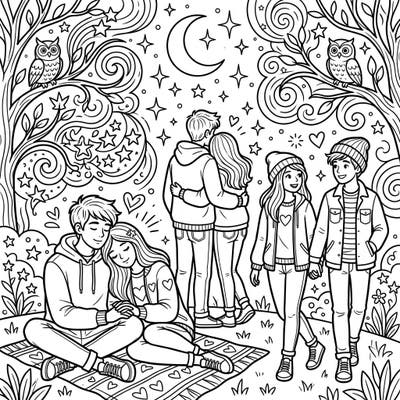 Dive into a world of young romance with this charming coloring page featuring teenage couples enjoying a magical night. From starry skies to cute owls, explore tender moments perfect for creative expression.