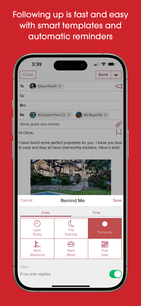 Interface of the Cloze app showing automatic follow-up reminders for a real estate email