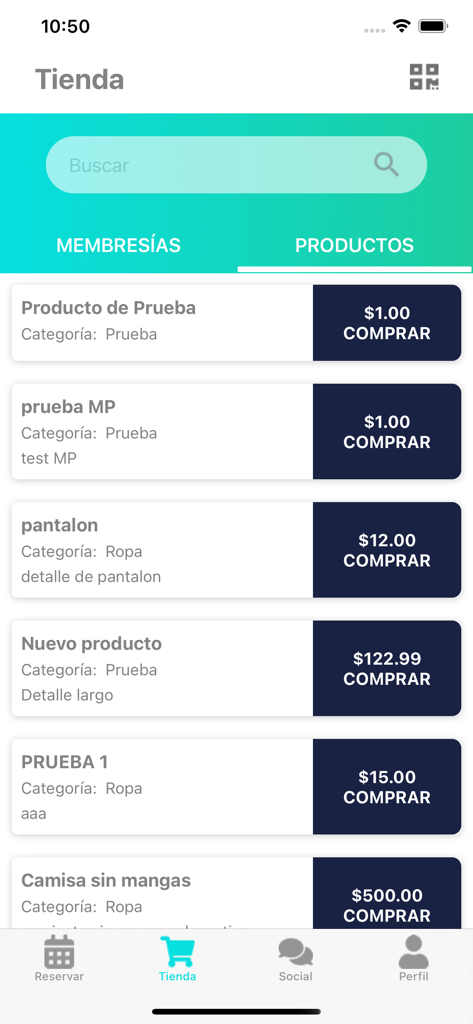 A mobile app screen for FITCO showing a list of fitness products and clothing for purchase