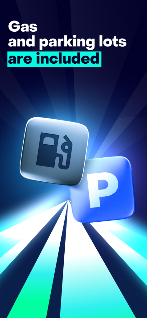 Delimobil carsharing app screen highlighting included gas and parking with icons.