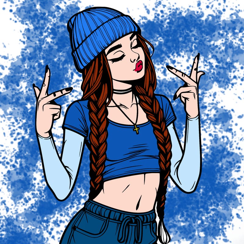 realistic teenage girl with braids and a beanie and crop top doing 🫶🏼