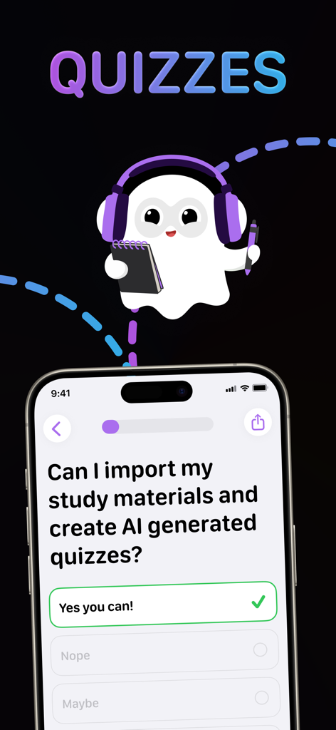 Screenshot of the TLDL app showing an AI generated study quiz with a friendly ghost mascot
