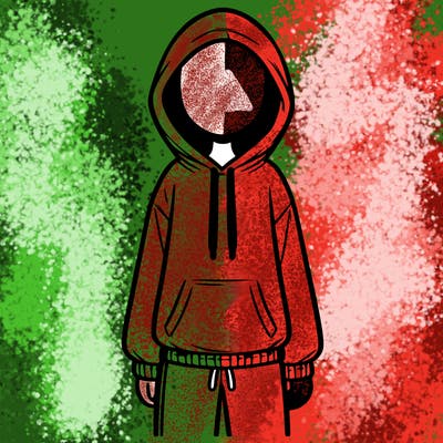 faceless girl in a tracksuit with a hood on and no hair