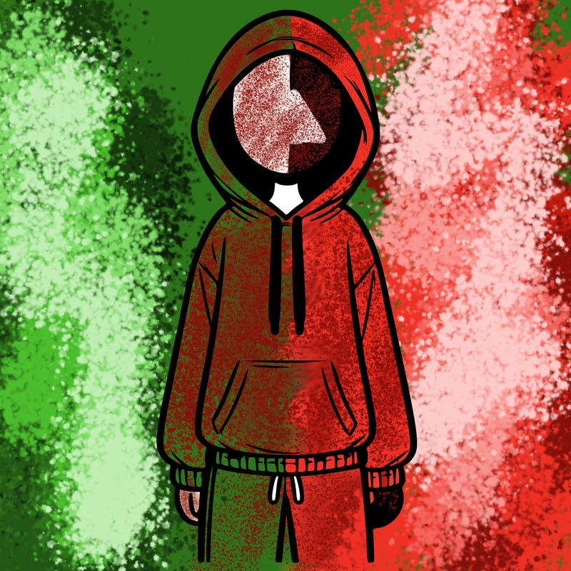 faceless girl in a tracksuit with a hood on and no hair