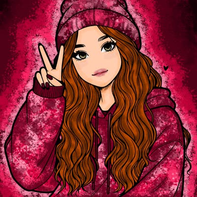 a teenage girl in a beanie, oversized sweatshirt, wavy long hair, and is showing a ✌️