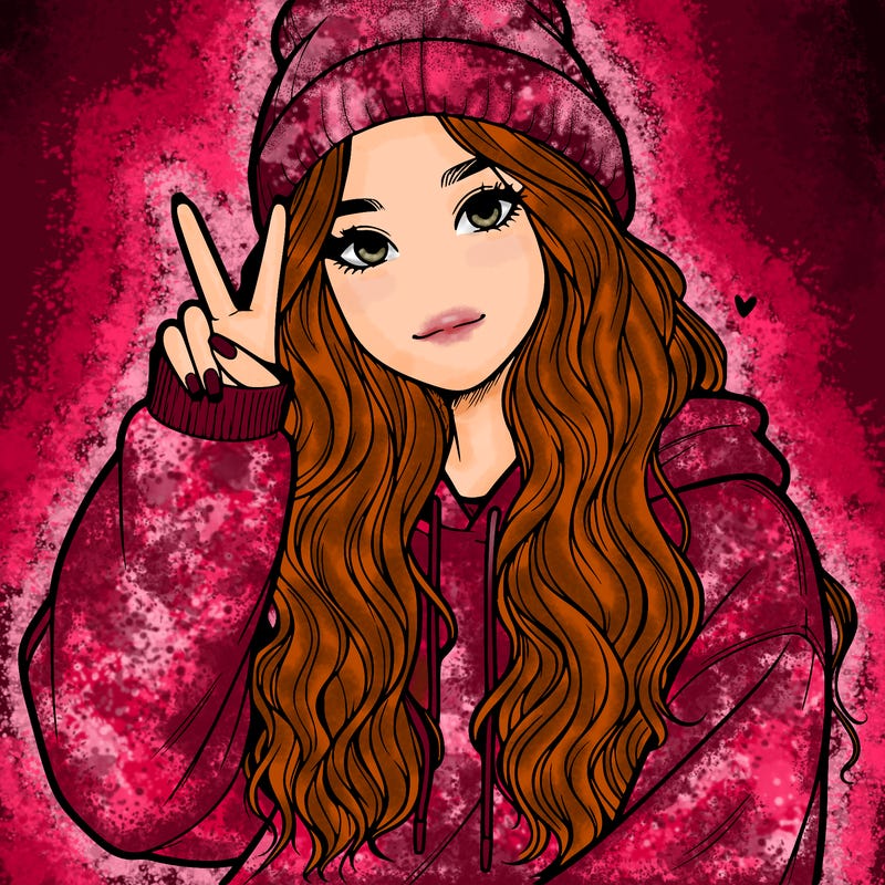 a teenage girl in a beanie, oversized sweatshirt, wavy long hair, and is showing a ✌️