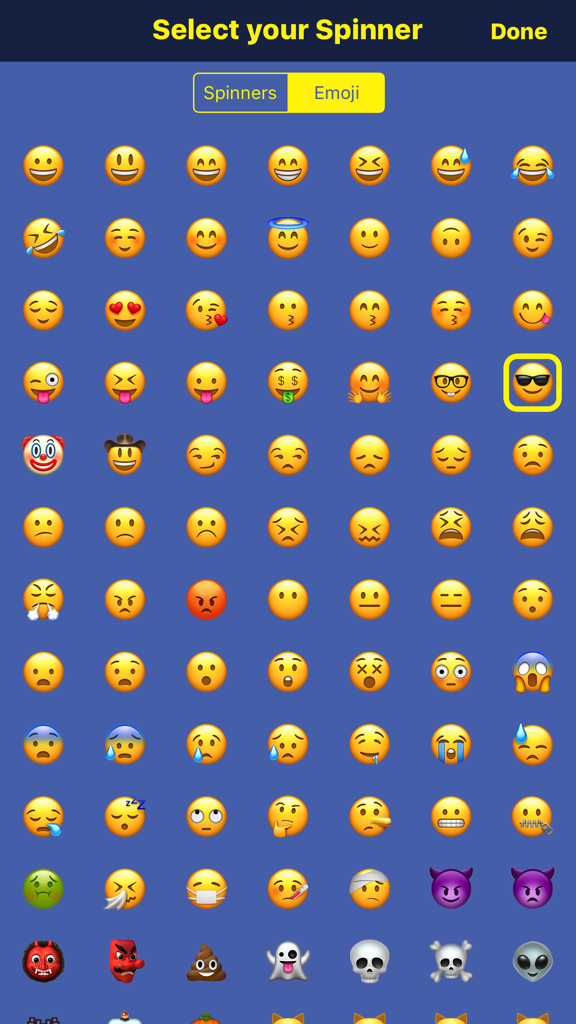 Super Spinner - Fidget Spinner Simulator - Ein Menübildschirm in der Super Spinner App, der eine große Auswahl an Emoji-Gesichtern anzeigt, die als benutzerdefinierte Fidget Spinner Designs ausgewählt werden können.