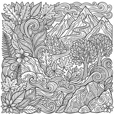 Unleash your creativity with this intricate nature-inspired patterns coloring page. Dive into a detailed world of mountains, rivers, and lush foliage, perfect for a mindful coloring journey.