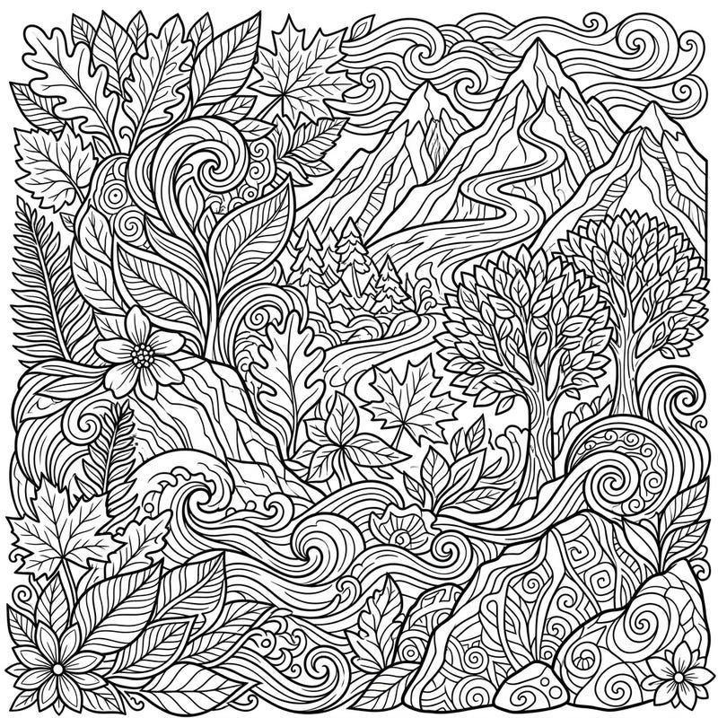 Unleash your creativity with this intricate nature-inspired patterns coloring page. Dive into a detailed world of mountains, rivers, and lush foliage, perfect for a mindful coloring journey.