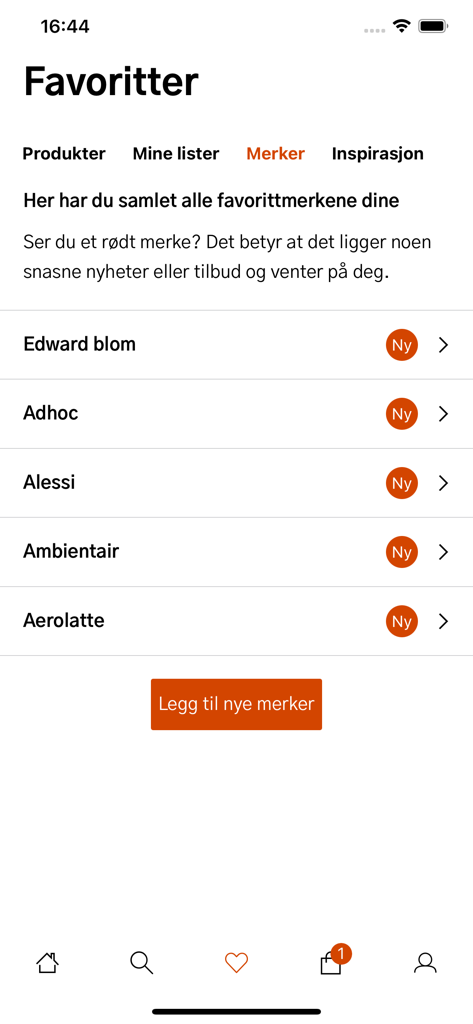 Kitch'n - Interfaccia dell'app mobile Kitch'n che visualizza i marchi di pentole preferiti di un utente e gli avvisi di nuovi prodotti.