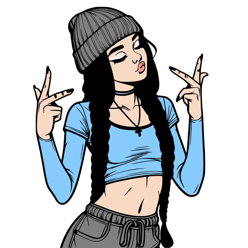realistic teenage girl with braids and a beanie and crop top doing 🫶🏼