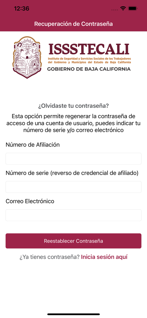 Mi ISSSTECALI - Mi ISSSTECALI app password recovery screen