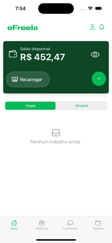eFreela - Empresas - Home screen of eFreela app for companies showing available balance and jobs menu