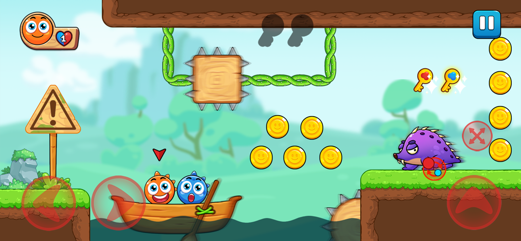 Red and Blue: Ball Heroes - Red and Blue ball heroes in a boat on a puzzle platformer level.
