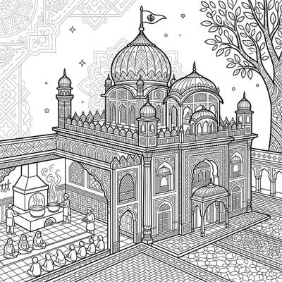 Immerse yourself in the sacred beauty of Sikh Gurdwaras with this exquisitely detailed adult coloring page. Perfect for those seeking a mindful artistic journey through intricate architectural designs and community life.