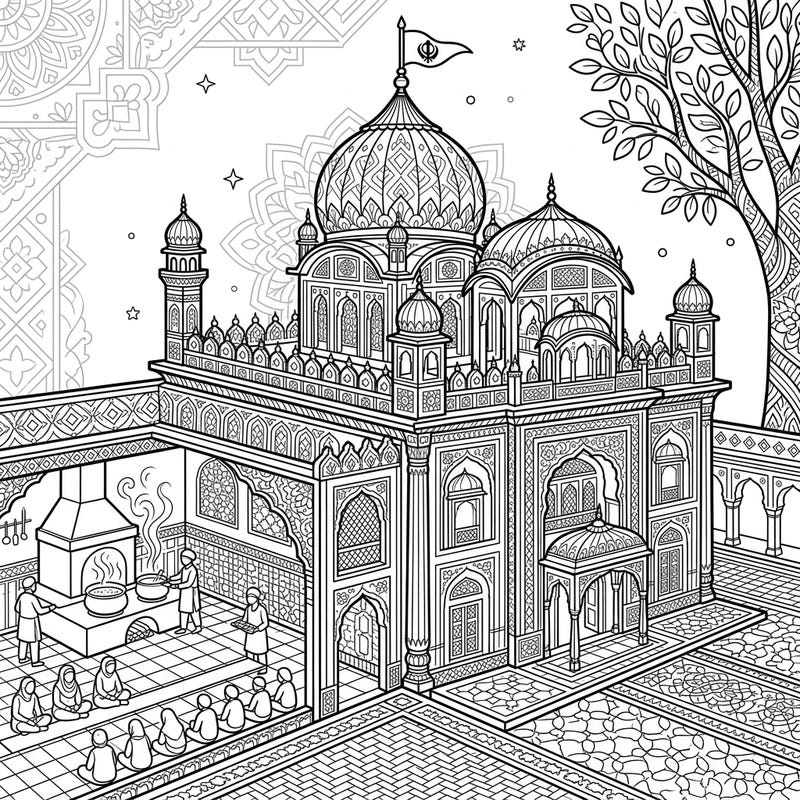 Immerse yourself in the sacred beauty of Sikh Gurdwaras with this exquisitely detailed adult coloring page. Perfect for those seeking a mindful artistic journey through intricate architectural designs and community life.
