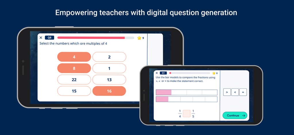 White Rose Infinity - Two smartphones displaying interactive math quiz questions for multiples and fraction comparison on the White Rose Infinity app