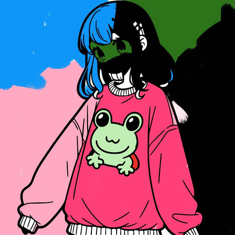 girl wearing frogging sweatshirt