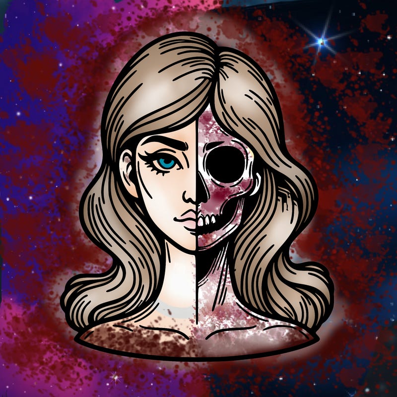 bust of a woman, half face and hair, half skull