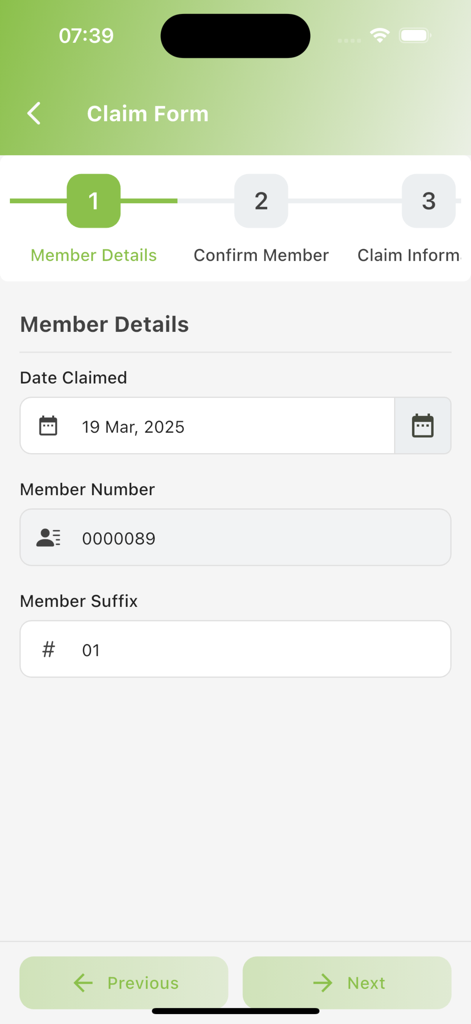 Salutem - Detalhes do membro do formulário de sinistro médico do aplicativo Salutem, etapa de detalhes do membro.