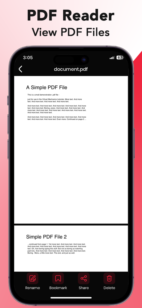 A mobile interface of a PDF reader app on an iPhone showing a document with file management tools like rename and share