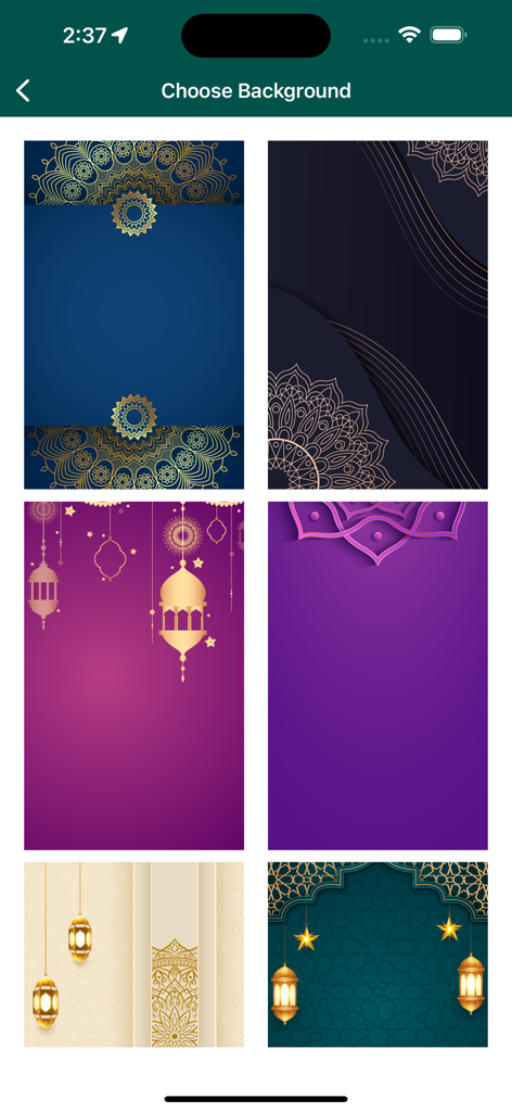 Interface showing a selection of Islamic-themed background patterns including lanterns and mandalas.