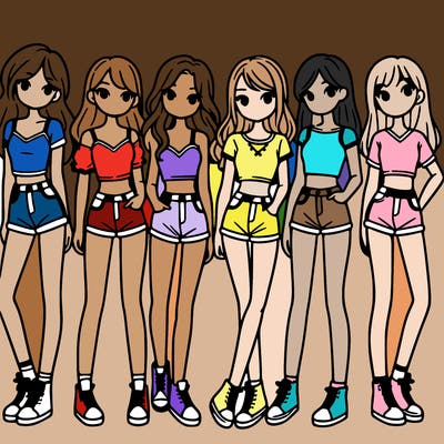 a group of girls wearing crop tops and shorts