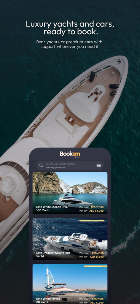Bookem Dubai - Bookem Dubai app interface showing a list of luxury yacht rentals and pricing