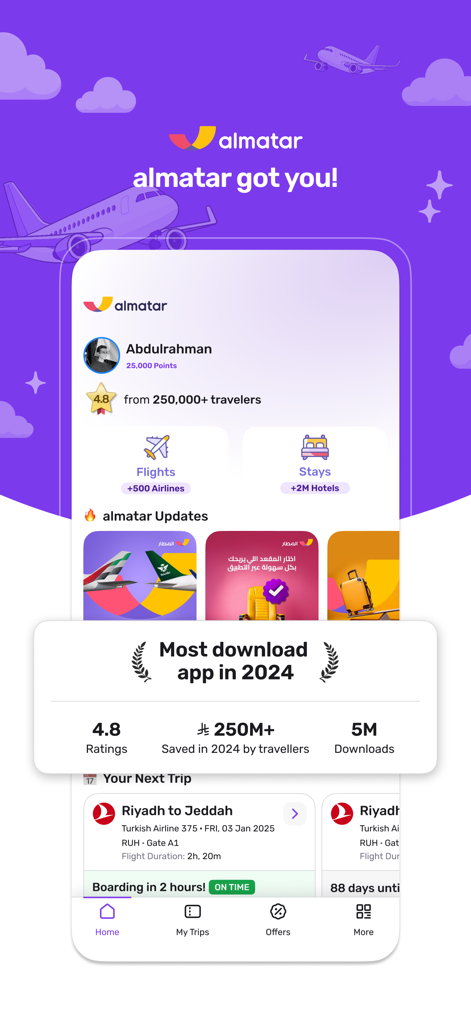 almatar: Book. Travel. Save - Schermata principale dell'app di viaggi Almatar che mostra opzioni di prenotazione voli e hotel con punti utente e dettagli del prossimo viaggio.
