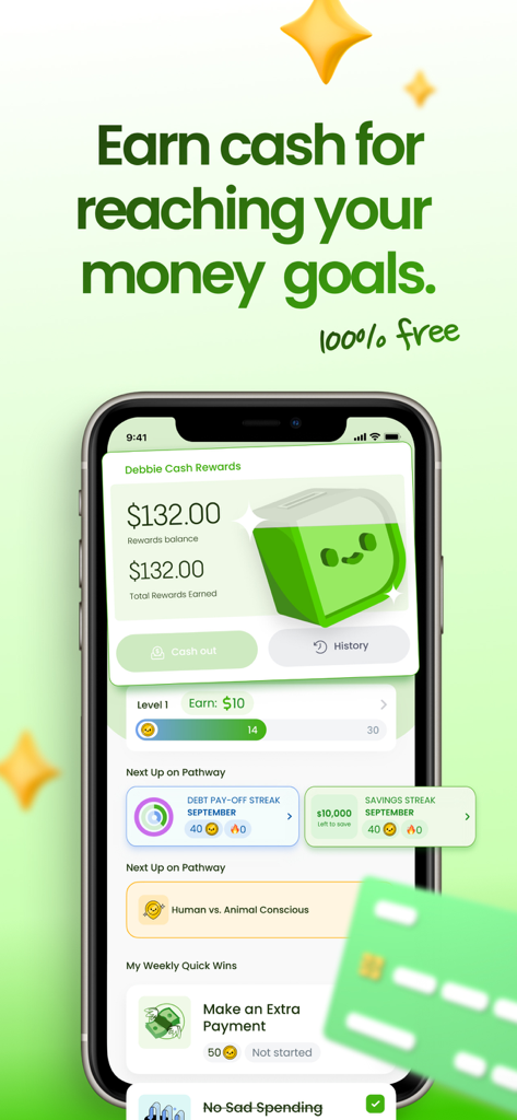 Debbie - Payoff, Save, Earn - A mobile phone displaying the Debbie app dashboard showing cash rewards and progress toward financial goals.