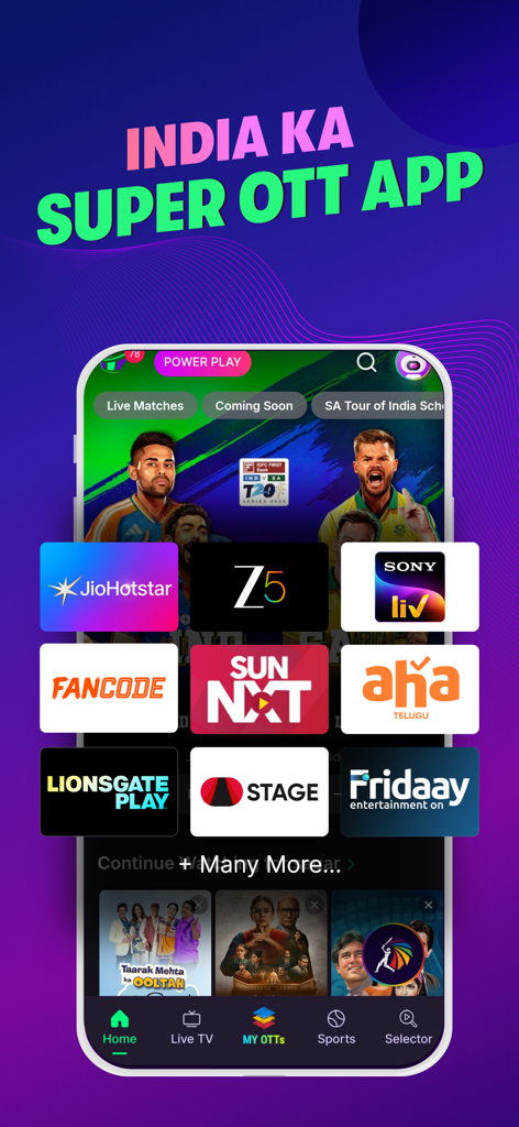 OTTplay - OTTplay mobile app interface showing an aggregation of Indian streaming platforms like JioHotstar, Zee5, and Sony LIV.